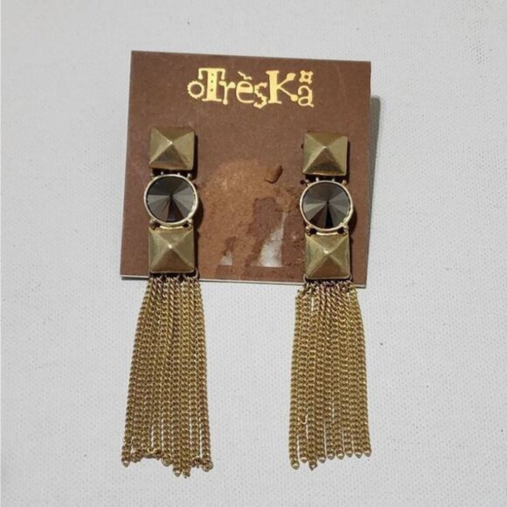 Treska Gold Tone Pyramid Stud Tassel Fringe Drop Earrings Smoky Grey Crystal